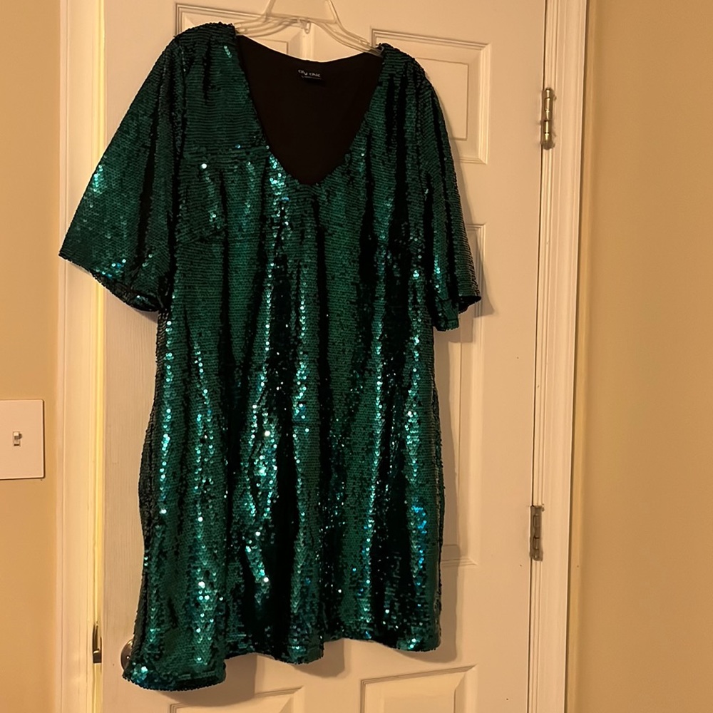 Green Sequin V Neck Dress.